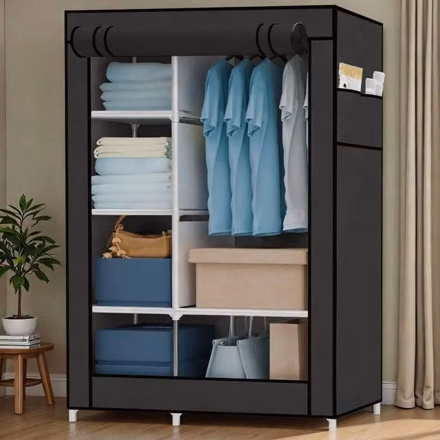 FLAVORA Black Metal Wardrobe with Hanging Rail and Internal Shelves