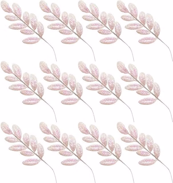Shatchi Iridescent White Glitter Walnut Leaf Christmas Tree Picks, 18 Pack, Height: 35 cm