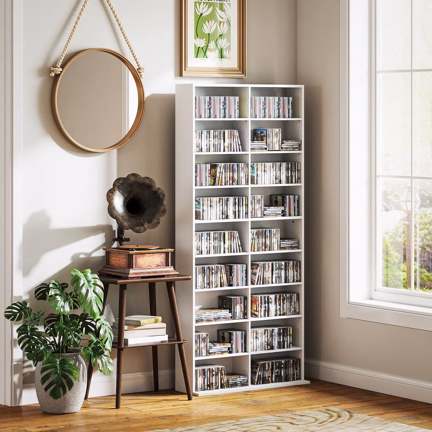 HOMCOM 640 CD Storage Tower in White with Adjustable Shelves and Media Compartments – 3