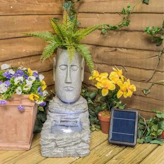 Primrose Easter Island Head Solar Powered Tabletop Water Feature and Planter with LEDs in Grey