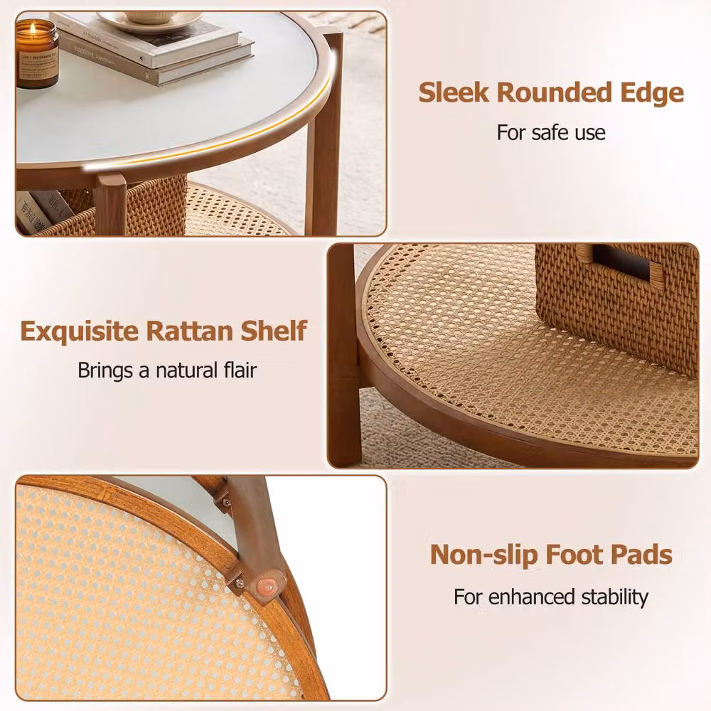 Gymax Round 2-Tier Rattan and Acacia Wood Coffee Table with Glass Top in Brown – 3