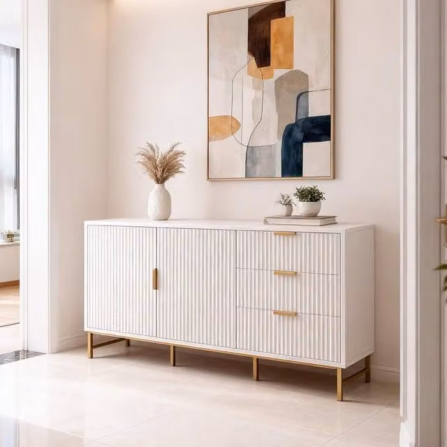 FURNITURE ONE Modern Sideboard Storage Cabinet with 3 Drawers and 2 Doors in Matt White
