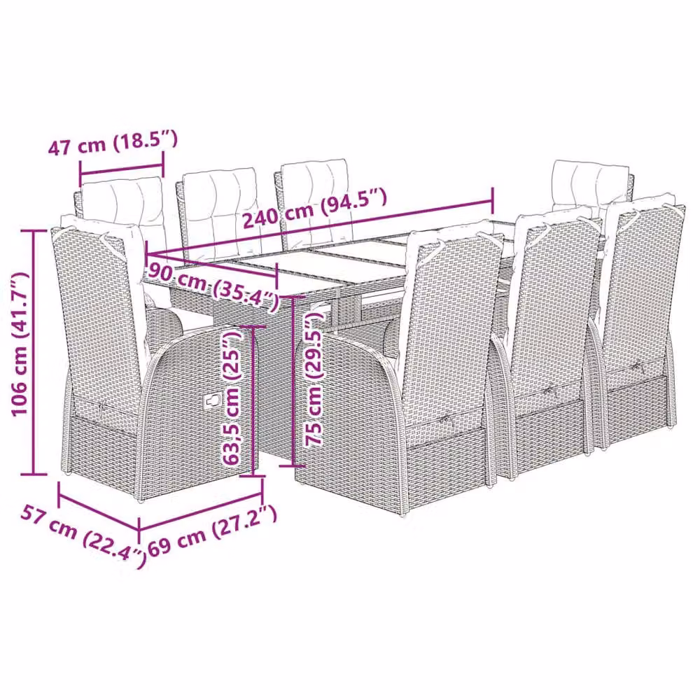 Berkfield Home 9 Piece Black Poly Rattan Garden Dining Set with Glass Table and Cushions – 5