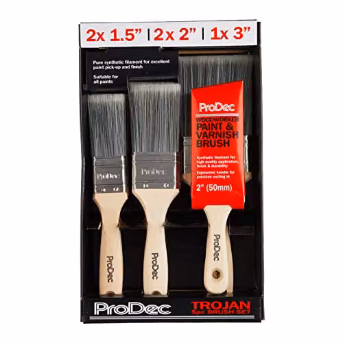ProDec Trojan 6 Piece Angled Synthetic Paint Brush Set for Water Based Paints with Wood Handles – 3
