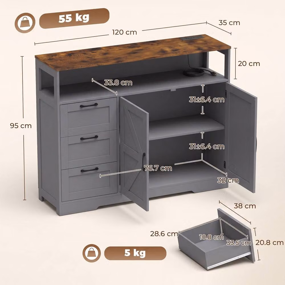 HOMCOM Rustic Grey and Brown Wood Sideboard Buffet Cabinet with Storage and Power Outlet – 3