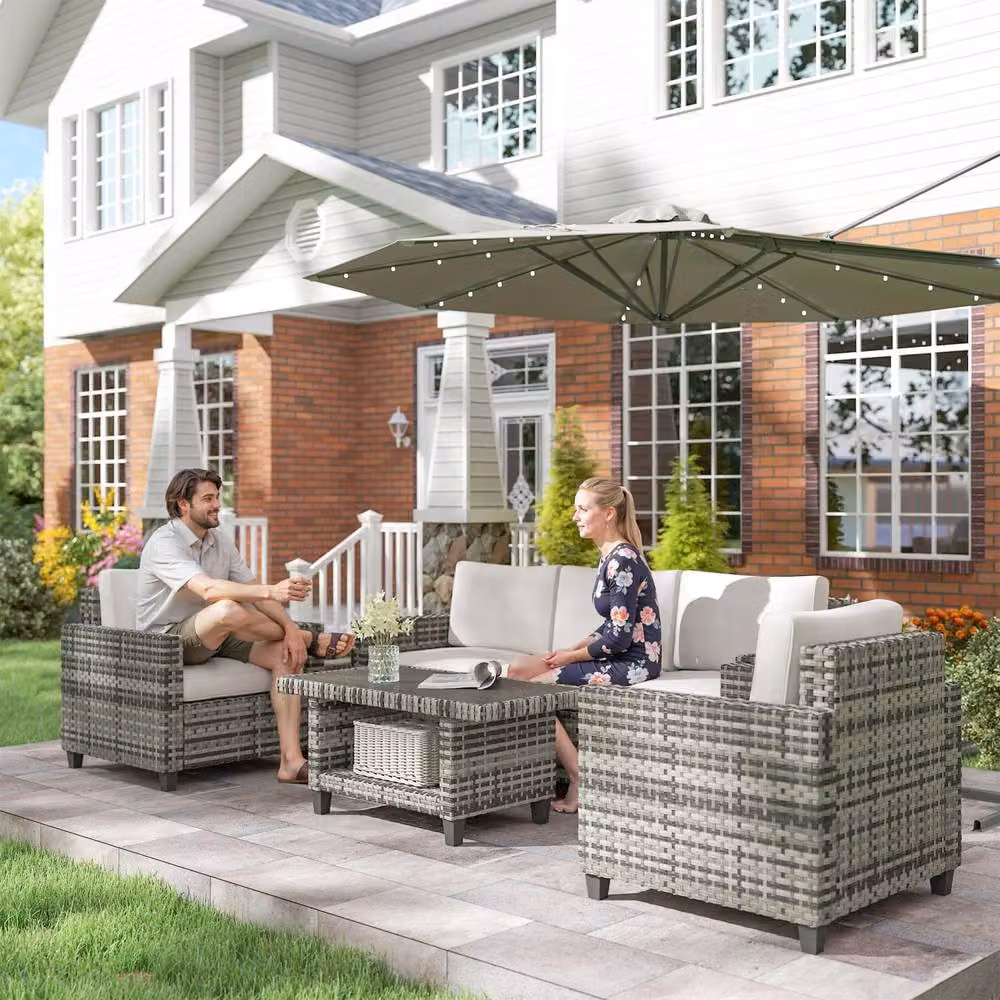 Wyld Haus Coneno 6 Piece Modular Rattan and Metal Outdoor Sofa Set in Light Grey – 8