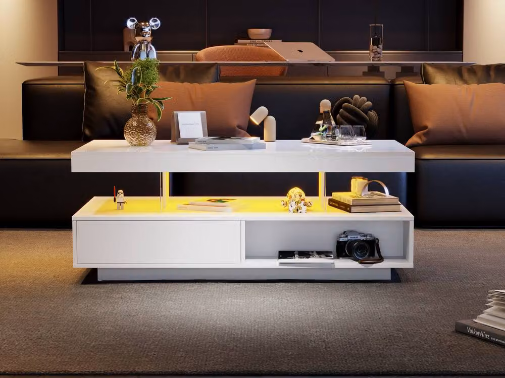 BTM High Gloss LED Coffee Table with 2 Drawers in White – 3