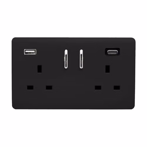 Trendi 2 Gang 13 Amp USB Plug Socket with Type A and C Ports in Matt Black – 2