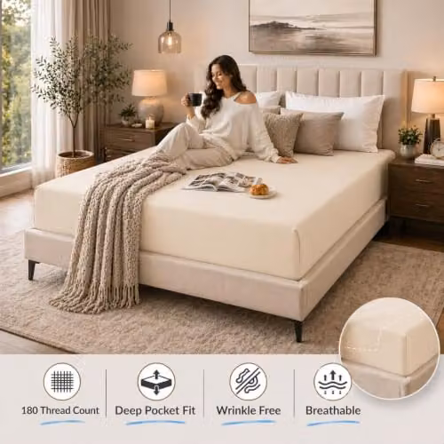 Night Zone Double Fitted Bed Sheet, Beige, 180 Thread Count Percale Cotton Rich, Non-Iron, W/D/H: 140 x 200 x 25 cm – 3