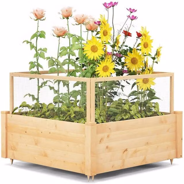 COSTWAY Wooden Raised Garden Bed with Fence in Brown and Beige, W/D/H: 95 x 66 x 37 cm
