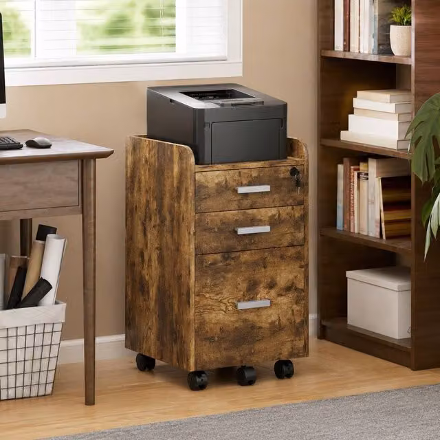 STILVORA 3 Drawer Filing Cabinet with Lock and Castors in Brown – 1