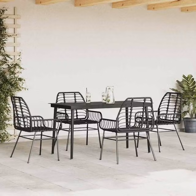 Berkfield Home Beautiful 5 Piece Black Poly Rattan Garden Dining Set with Glass Tabletop