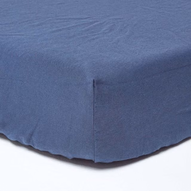 Homescapes Navy Blue Linen and Combed Cotton Fitted Sheet, W/D/H: 140 x 200 cm