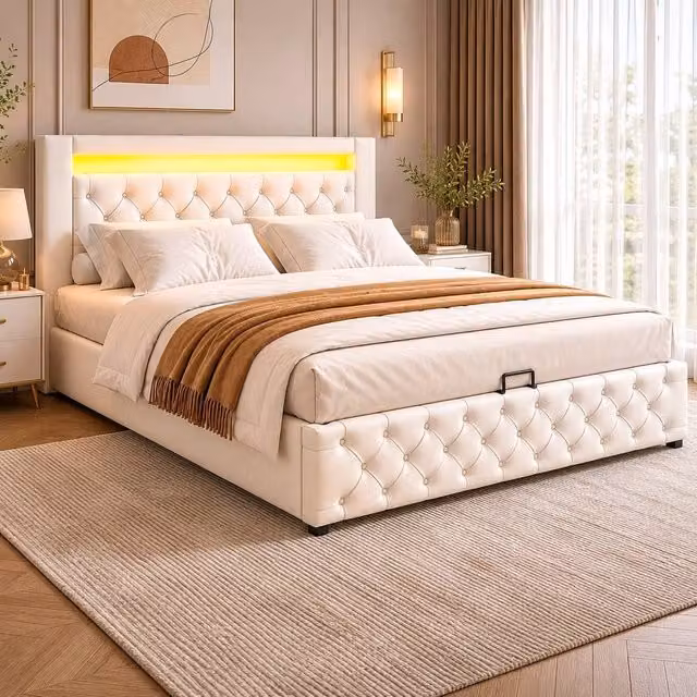 STILVORA White Upholstered King Size Bed with Storage, LED Lighting and Synthetic Leather, W: 150 cm, D: 200 cm