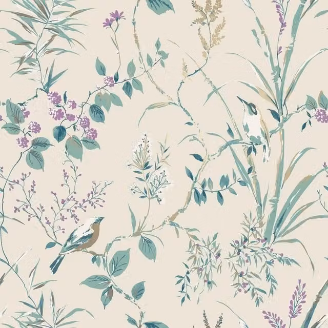 Crown Mariko Bird Botanical Floral Wallpaper in Beige and Multicolour