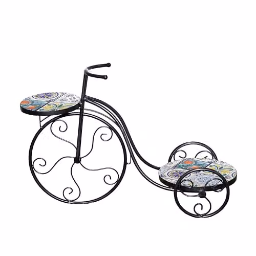 SHATCHI Mediterranean Mosaic Tricycle Plant Stand with Geometric Metal Tile Top, H 65 x W 26 x D 65 cm – 1