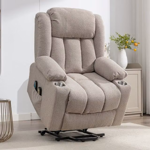 Artemis Home Lovell Electric Lift Assist Riser Recliner with Massage and Heat in Brown and Beige Bouclé Fabric