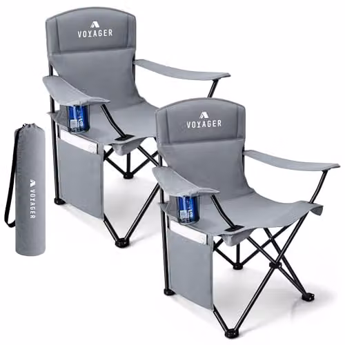 Voyager 2-Pack Lightweight Folding Camping Chairs in Grey with Cup Holders and Pockets – 1