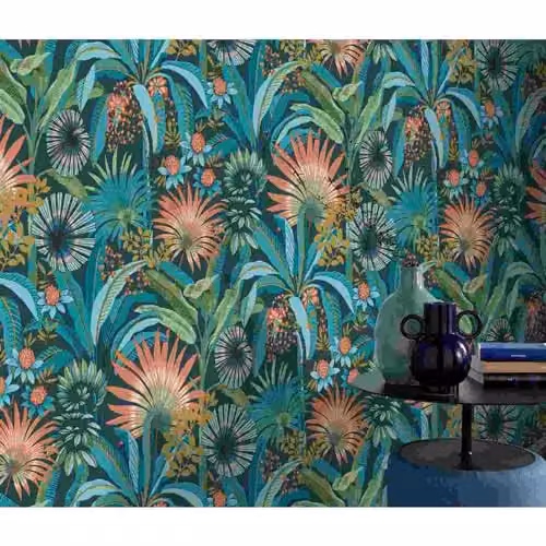 Erismann Martinique Collection Non-Woven Floral Art Deco Wallpaper in Turquoise, Roll Size: 0.53 x 10.05 m – 2