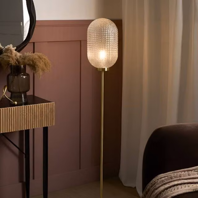 Wyld and Coco Modern Floor Lamp with Gold Metal Base and Transparent Glass Shade – 1