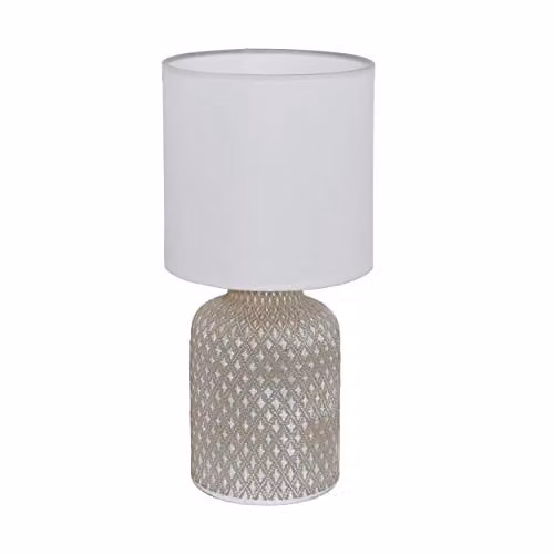 Loops Table Lamp with Grey Patterned Ceramic Base and White Fabric Shade, E14 Bulb