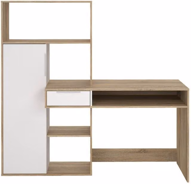 CALICOSY Modern Desk with 1 Drawer, 1 Door and 5 Shelves in Oak, White and Beige Finish – 1
