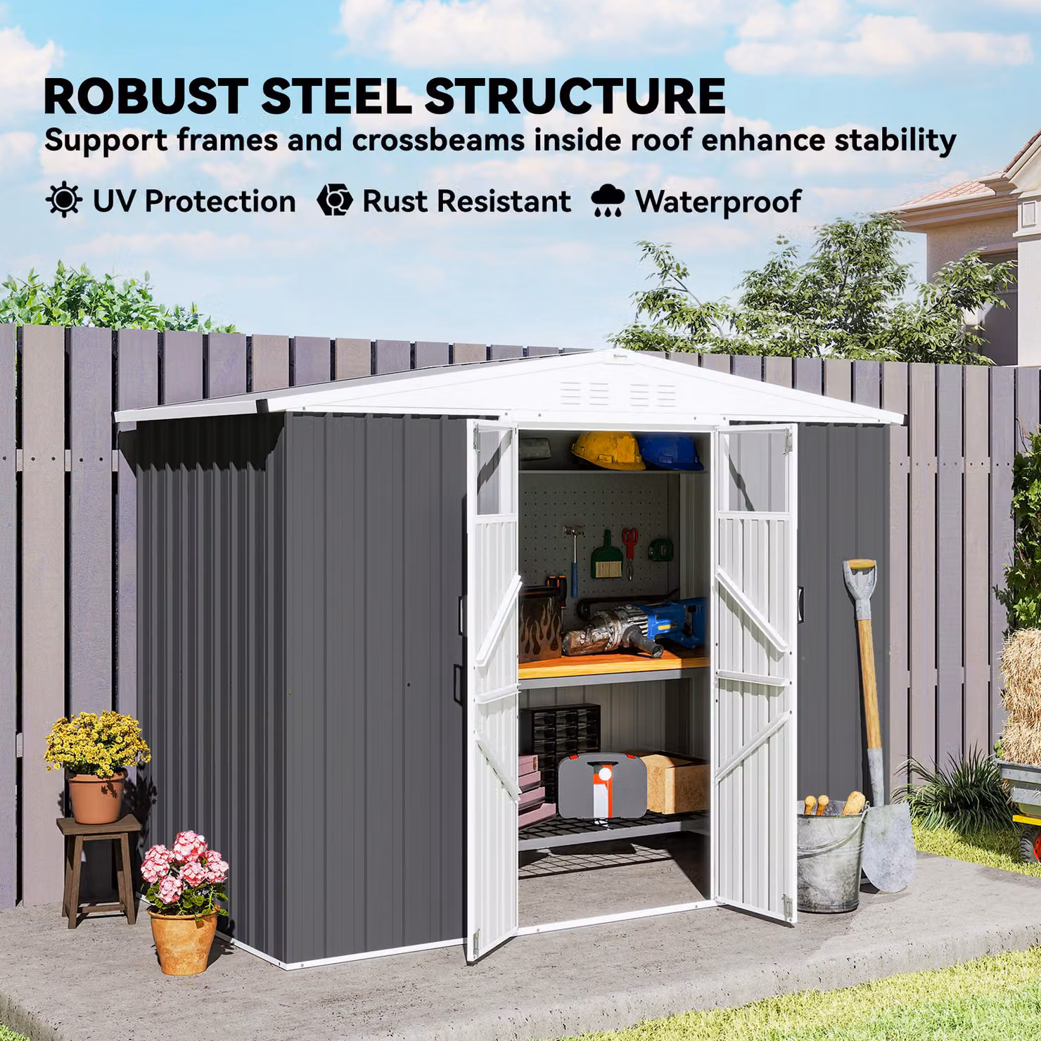 Outsunny Galvanised Steel Garden Storage Shed with Window and Lockable Double Doors, Dark Grey, W/D/H: 243.8 x 121.9 x 180.0 cm – 6