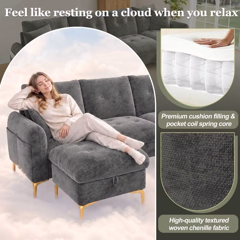 Merax Reversible U-Shaped Modular Corner Sofa in Grey Fabric with 2 Matching Storage Ottomans and Gold Metal Legs – 6