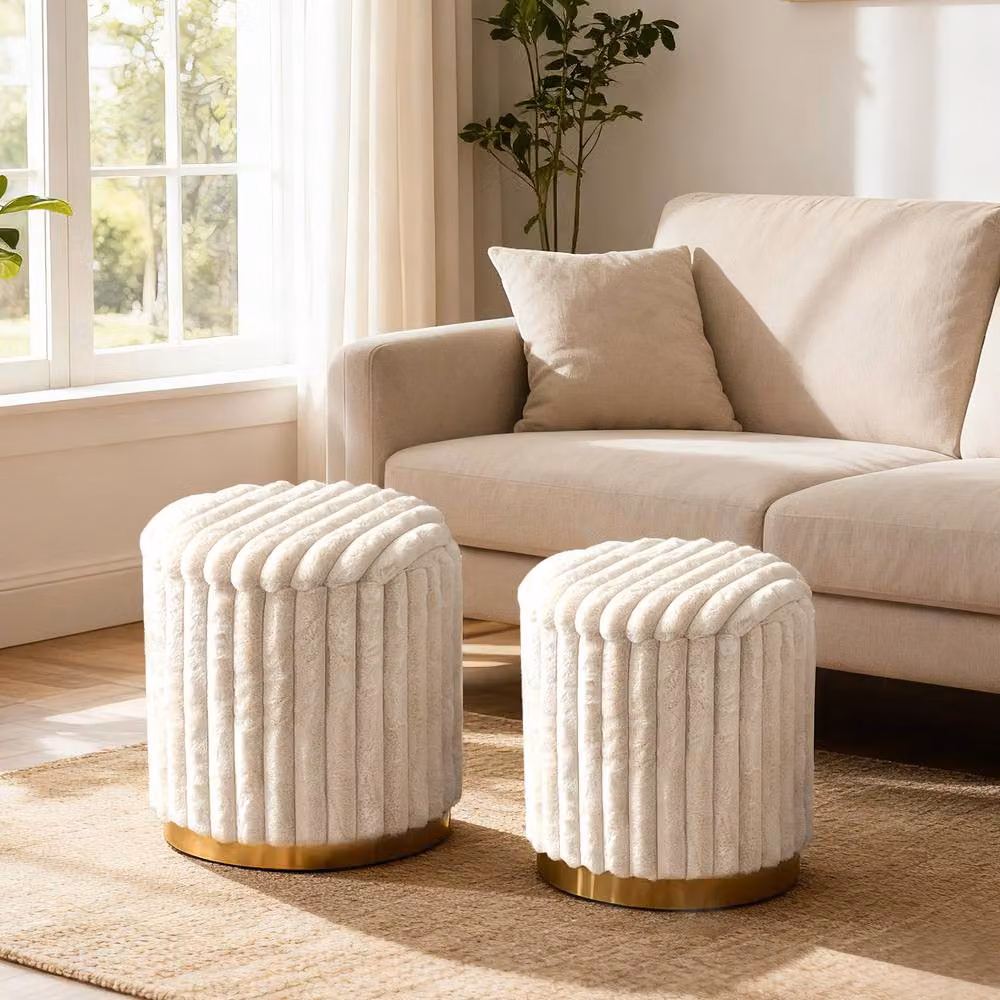 Costway Modern Set of 2 Cylindrical Fabric Ottomans with Detachable Lids in Cream White – 3