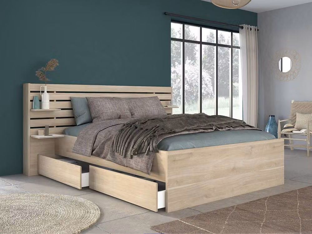 Vente-unique Tenalia Double Bed with Storage and Bed Base in Natural Light Oak, W/D/H: 160 x 200 x 216.8 cm – 3