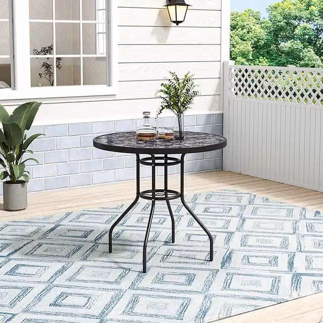 Lifeideas Black Marble Effect Round Garden Coffee Table with Glass and Metal Top