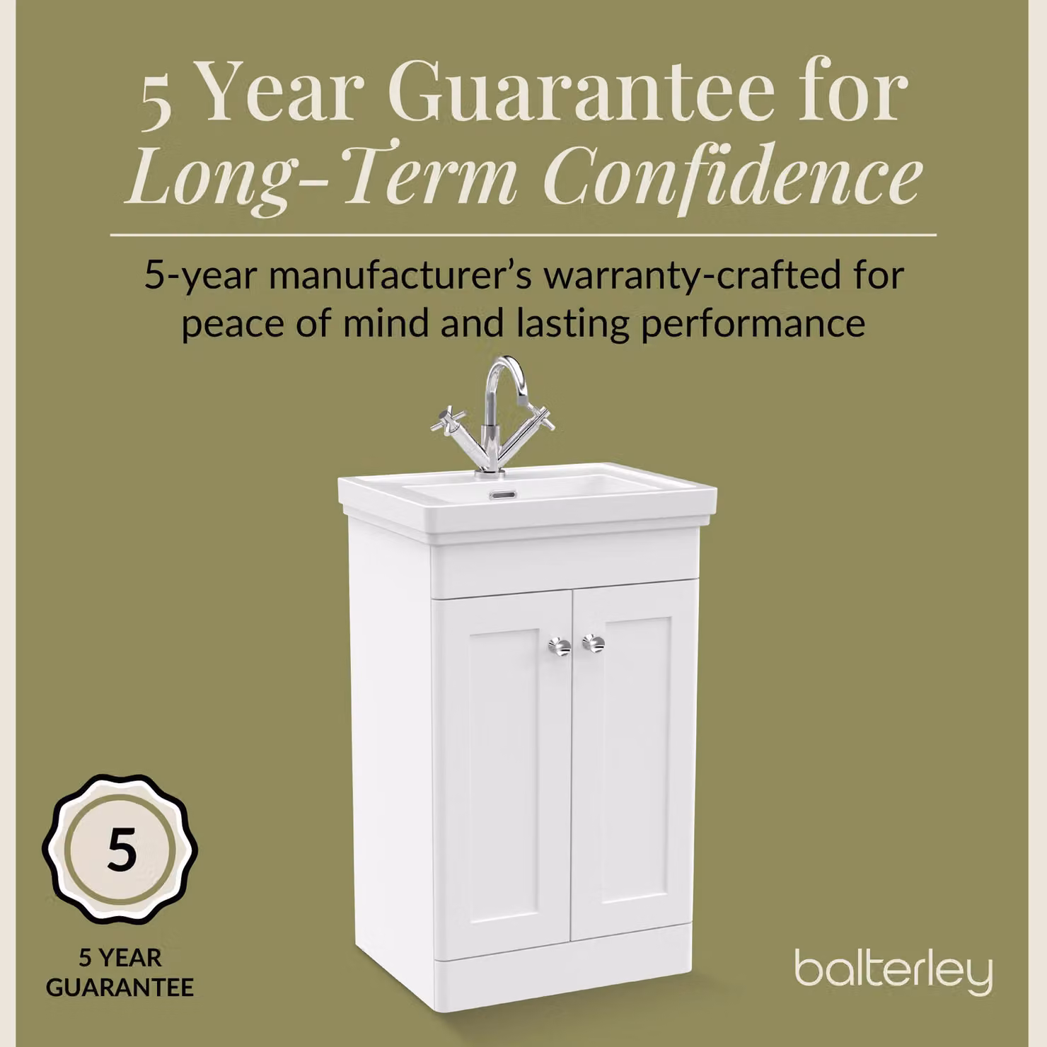 Balterley 2-Door Freestanding Bathroom Floor Vanity Unit and Fireclay Basin in Satin White, W: 50 cm, H: 86.5 cm – 3