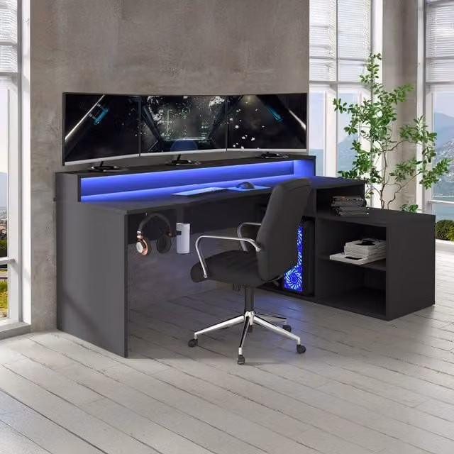 Flair Power W Gaming Desk in Black with Matt Rectangular Top and Grommet