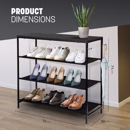 Keplin 4-Tier Rustic Wood and Metal Shoe Rack in Black and Brown, W/D/H: 75 x 30 x 71 cm – 2