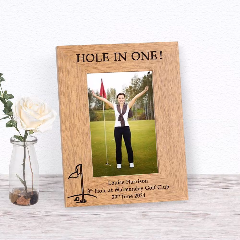 Uniqueful Personalised Hole in One Wood Picture Frame, Silver Finish in Brown, 6x4 inch – 2