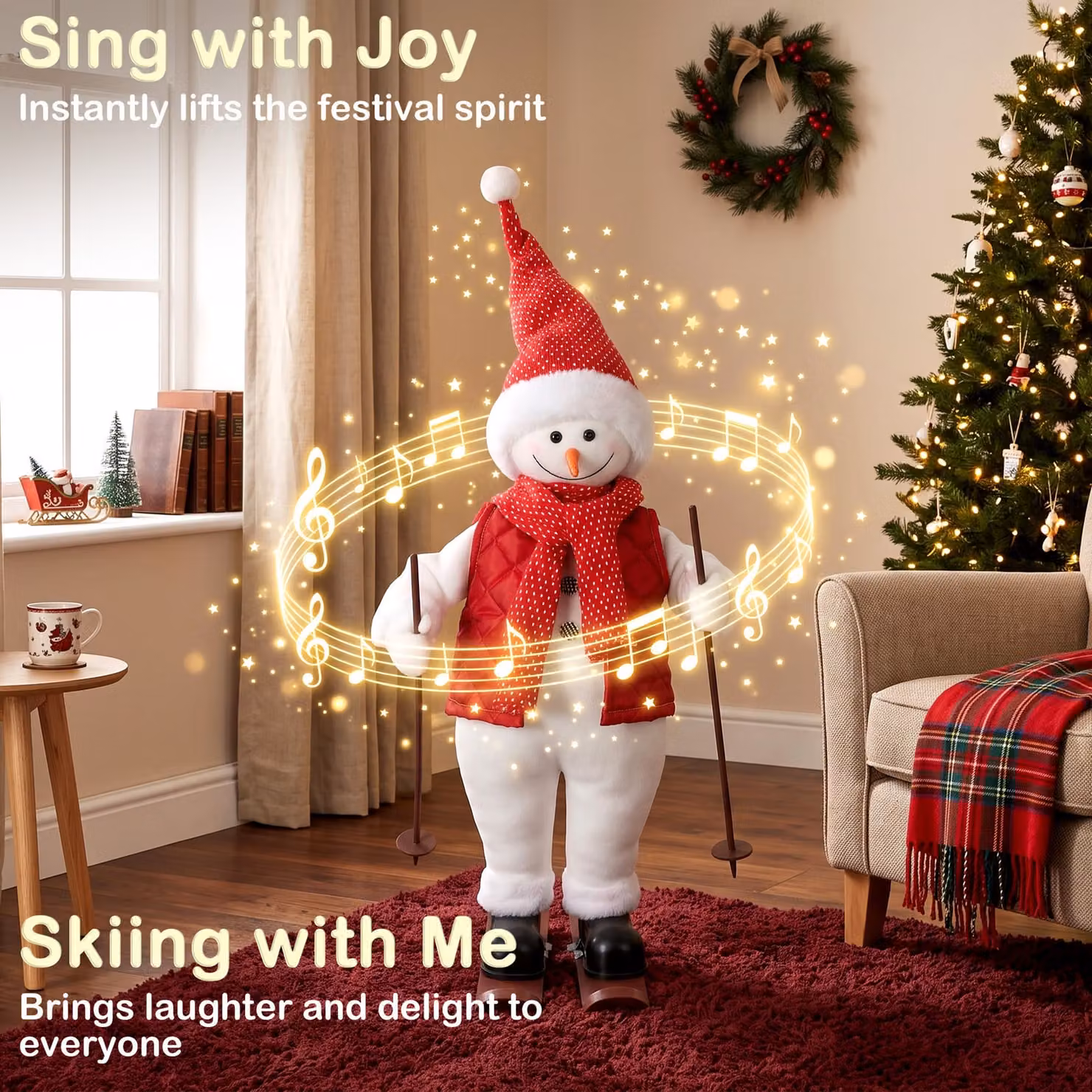 HOMCOM Animated Singing and Skiing Santa Claus Christmas Figure in Red and Multicolour, Height: 60.96 cm – 2