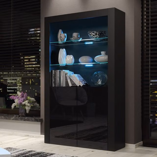 Creative Furniture Spectrum Modern Black Matt Display Cabinet with Glass Shelves and Integrated Lighting