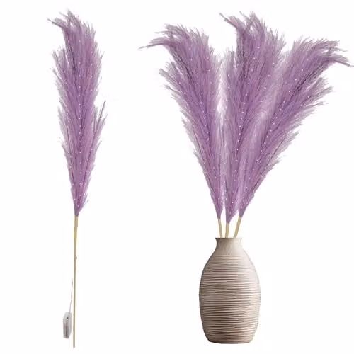 SHATCHI Prelit Purple Pampas Grass Stem with Warm White LEDs, 100 cm Battery-Operated Artificial Flowers for Boho Wedding and Home Decoration – 1
