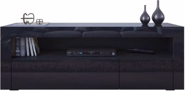 ERGOVEXA Modern Black Glossy TV Unit with Integrated LED Lights and Storage Drawers, W: 120 cm, D: 35 cm, H: 45 cm