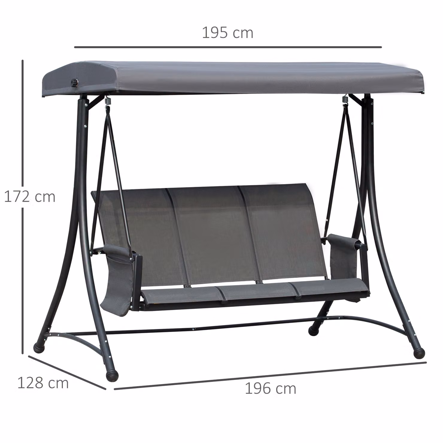 Outsunny 3 Person Outdoor Patio Porch Swing Chair with High Back Design, Side Pouches and Adjustable Canopy, Charcoal Grey – 3