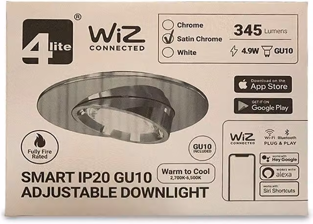 4lite Smart WiZ WiFi and Bluetooth Connected IP20 Rated Satin Chrome Downlight with Tuneable White GU10 LED Lamp – 2