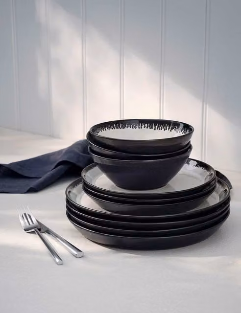 M&S x Tom Kerridge 12 Piece Black Reactive Glaze Stoneware Dinner Set