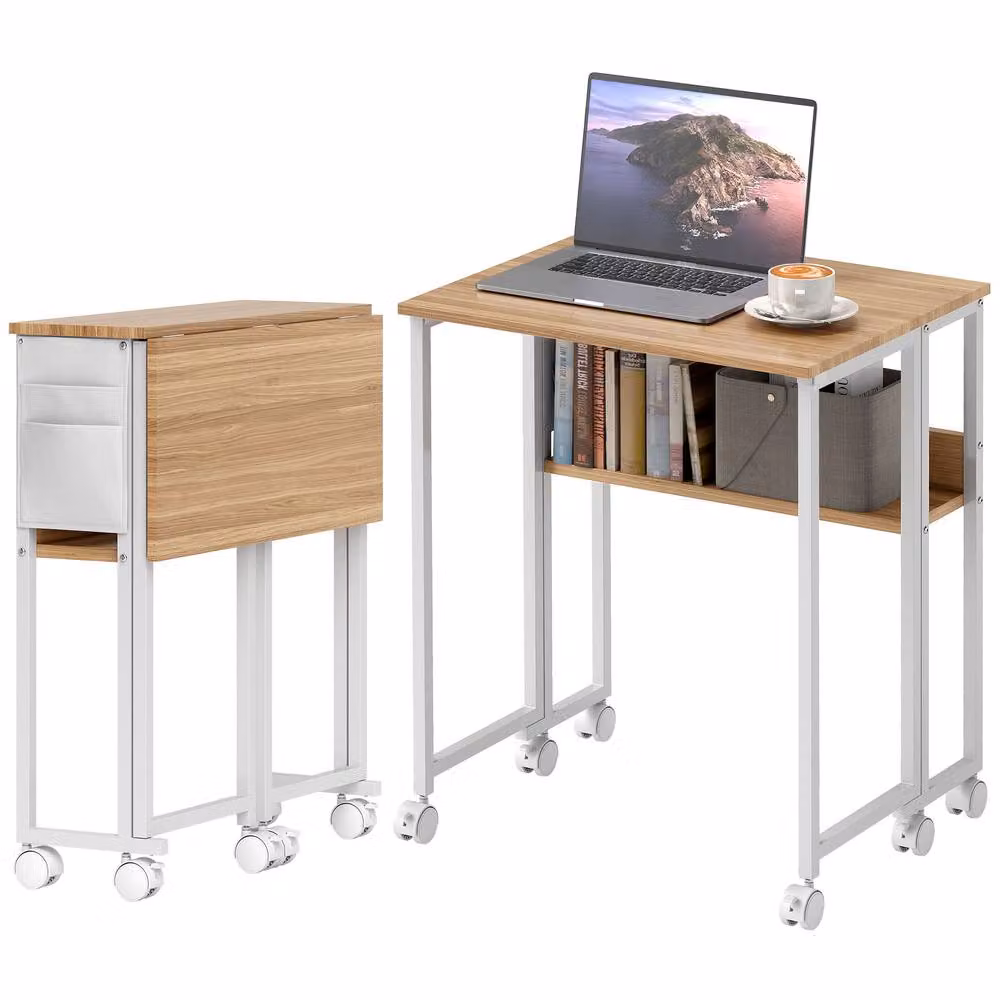 STILVORA Drop Leaf Writing Desk with Castors and Storage in Natural Wood and Metal – 3
