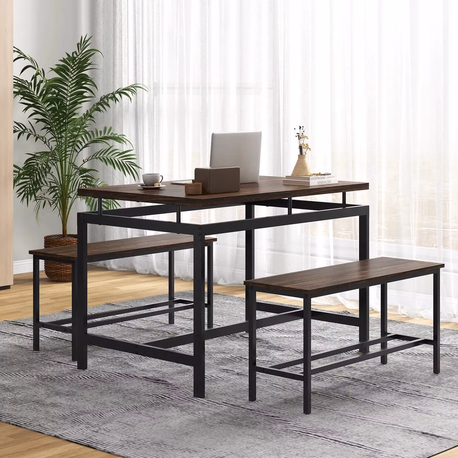 Costway 3 Piece Wooden Kitchen Dining Table Set with 2 Benches in Brown and Black – 6