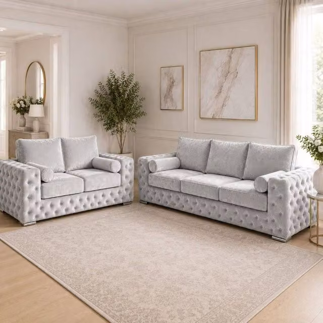 Stratus Interiors Ashley Full Back Chesterfield Upholstered Fabric 2 and 3 Seater Sofa Set in Silver – 1