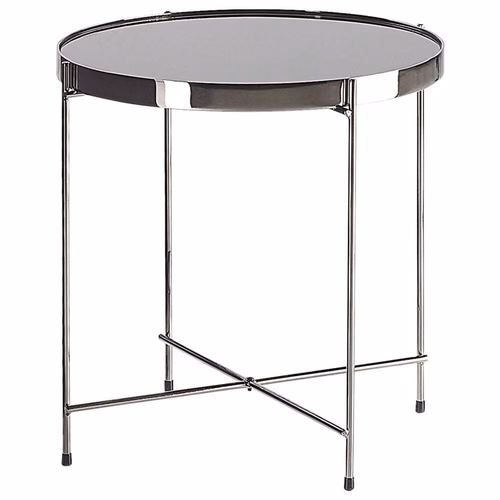 Wyld and Coco Round Side Table with Black Glossy Glass Top and Silver Metal Legs, Diameter: 40 cm, Height: 44 cm – 2