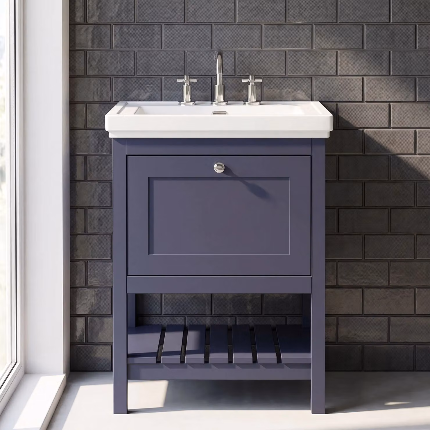 Balterley Blue Freestanding Bathroom Floor Vanity with 1 Drawer and 3 Tap Hole Fireclay Basin, Width: 60 cm – 5