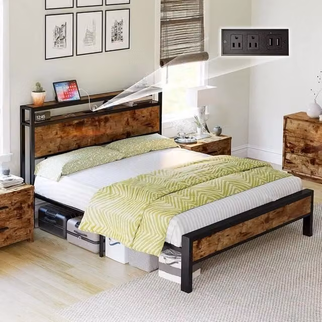EONLION Industrial Metal Double Bed Frame with Side Compartments in Brown, 140 x 200 cm