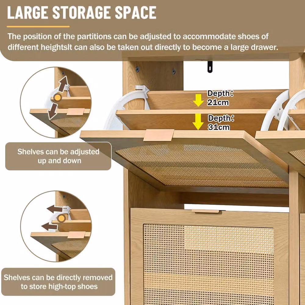 ModernLuxe Narrow Rattan Shoe Cabinet in Light Oak with 4 Drawers and Hinged Doors, W/D/H: 100 x 25 x 90 cm – 4