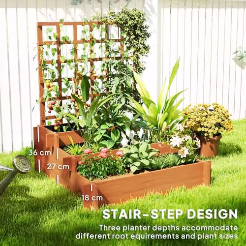 Outsunny 3 Tier Wooden Raised Garden Bed with Trellis for Climbing Plants, Brown – 4